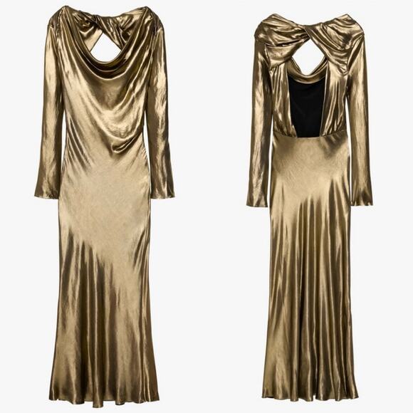 Zara Limited Edition Draped Maxi Dress Large Liquid Gold Open Back Evening Party - Picture 2 of 16